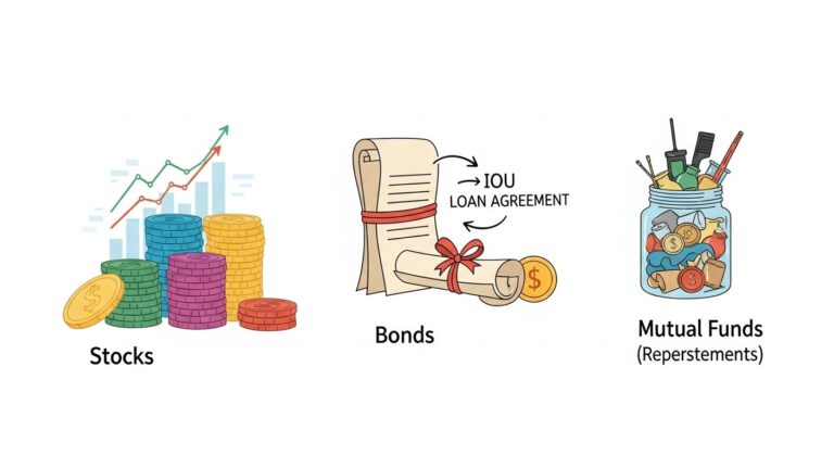 Illustration of stocks, bonds and mutual funds representing personal finance