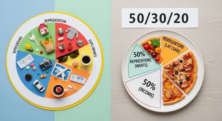 Personal finance illustration of 50/30/20 budget rule pie chart showing needs, wants, and savings allocation