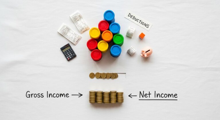 Graphic comparing gross income vs net income, showing salary, taxes, and typical deductions
