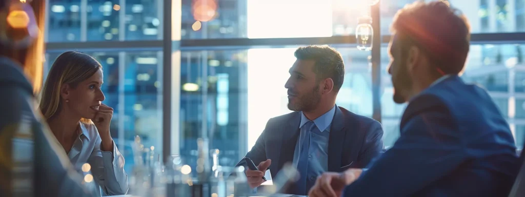 a group of business professionals discussing payroll services with a large anchor in the background.