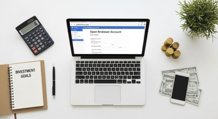 Illustration of a person opening a brokerage account on a laptop, featured image for personal finance article