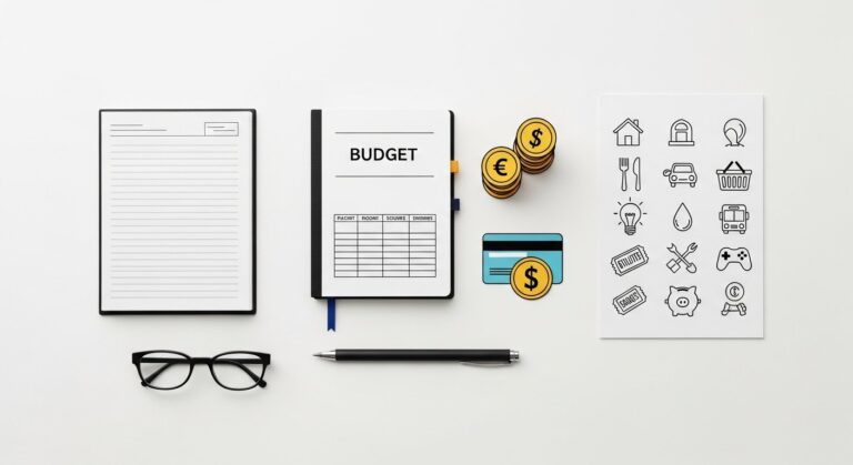 Person creating a monthly budget with calculator, receipts, and laptop