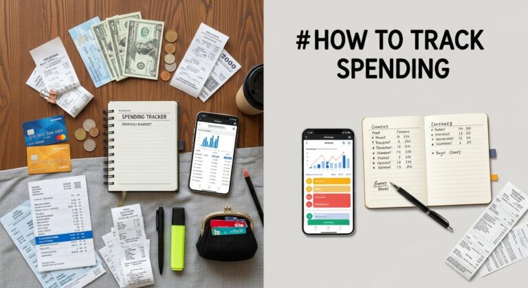 Illustration of personal finance budgeting on a smartphone app, tracking spending with receipts and charts