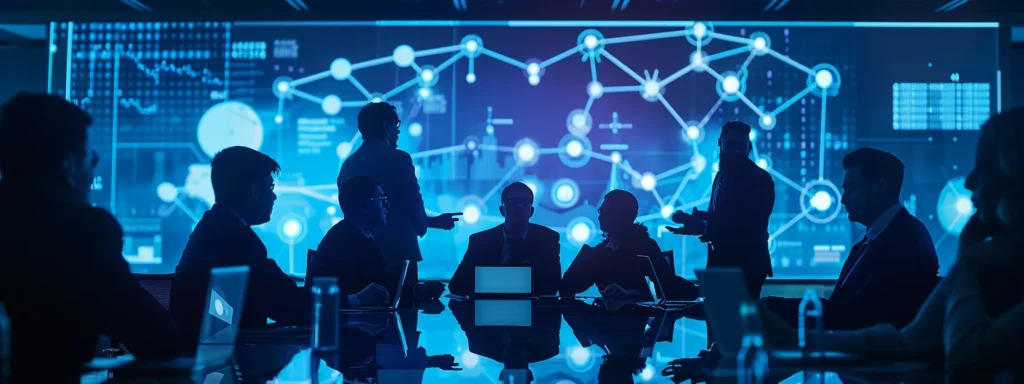 a group of business professionals sitting around a conference table, pointing to a large anchor diagram related to tube bending services.